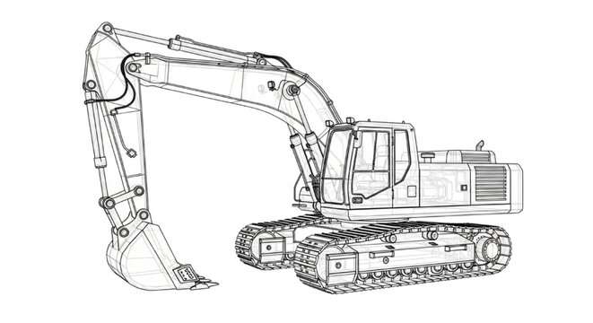 Detailed CAD wireframe 3D model illustration of a hydraulic crawler excavator for industrial construction and earthmoving