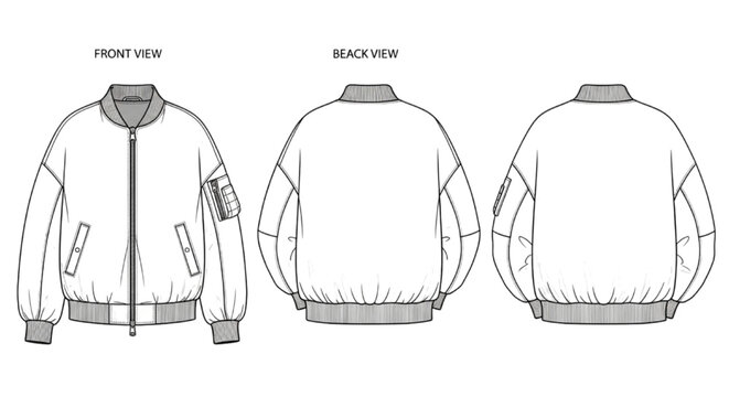 Oversized unisex bomber jacket technical flat sketch template with ribbed trims and utility pocket CAD vector for apparel tech pack
