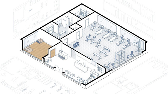Isometric gym layout architectural plan in CAD format showing fitness center interior with workout equipment areas and locker rooms
