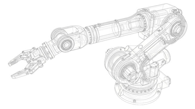 Technical industrial robotic arm manipulator CAD wireframe drawing for automation engineering and manufacturing process simulation model