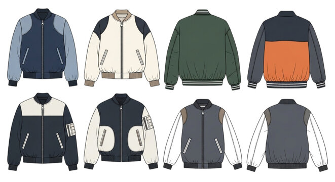 Set of Technical CAD Fashion Flat Sketches of Men Bomber and Varsity Jackets Template Vector