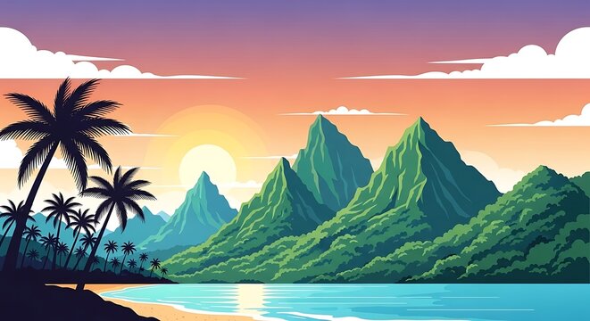 Tropical sunset over limestone karst islands in Thailand.