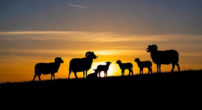 Silhouette of a flock of sheep on a hill at sunset