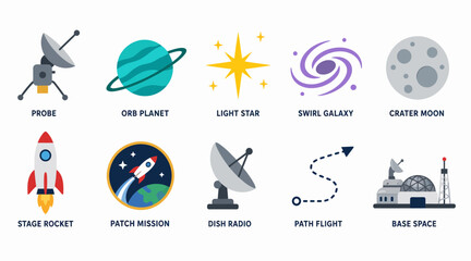 Colorful icons representing space exploration themes. © pixel