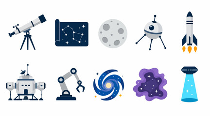Colorful space exploration and technology icons. © pixel