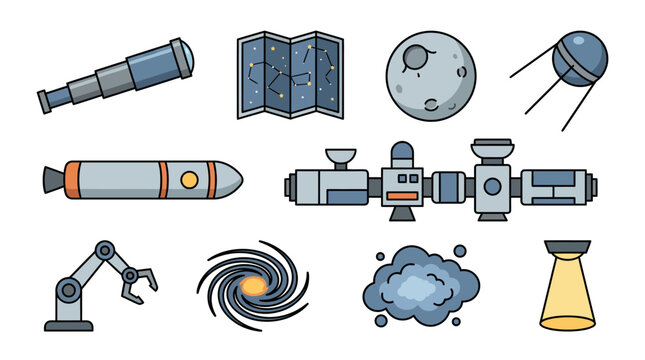 Assorted space technology and science illustrations.