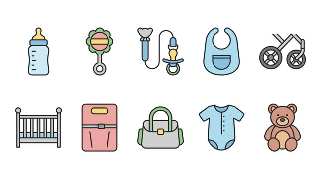 Colorful baby items and accessories illustration.