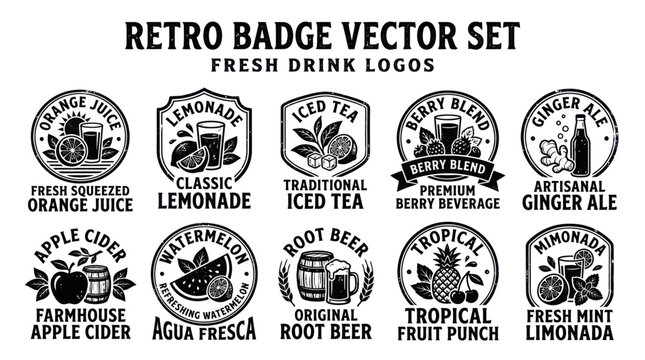 Retro Fresh Drink and Beverage Badge Logo Vector Set