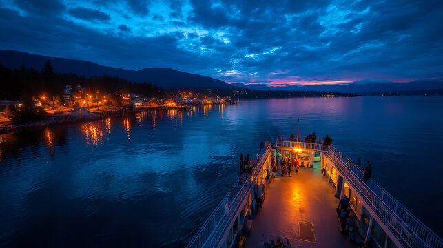 Illuminated ferry deck with passengers approaching the glowing lights of a coastal town across calm dark water at blue hour twilight