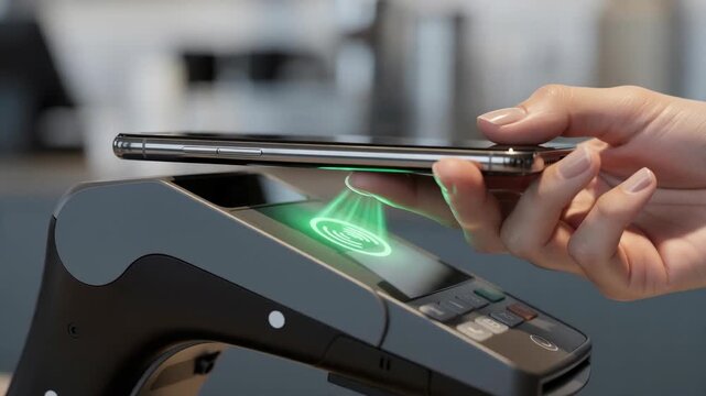 Hand holding smartphone above contactless payment terminal with glowing wireless symbol creating modern mobile banking scene about digital wallet shopping finance technology and secure transaction