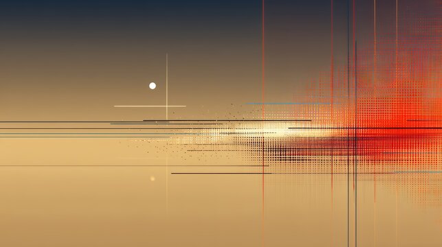 Abstract minimalist glitch landscape with horizontal thin lines red digital sun reflection and white moon over calm water