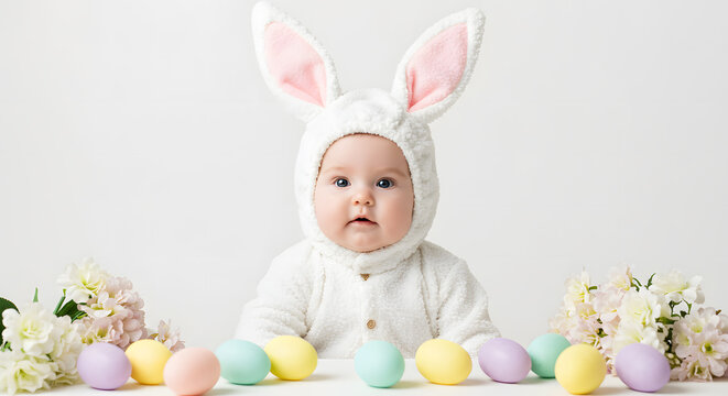 Cute Infant Wearing Rabbit Ears with Colorful Easter Eggs on a Soft White Background