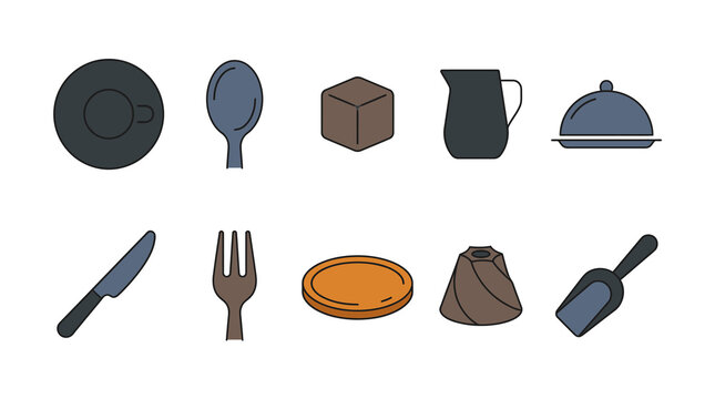 Assorted kitchen utensils and tableware illustration.