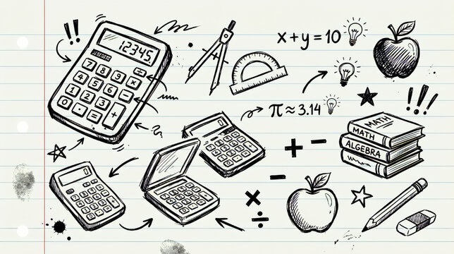 Hand drawn math school supplies and calculator doodles on lined paper background - drawing