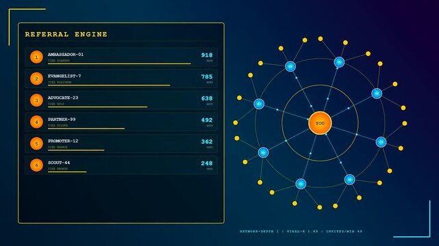 A dynamic user acquisition animation illustrates how a digital referral marketing network expands exponentially as new ambassadors join and climb the leaderboard