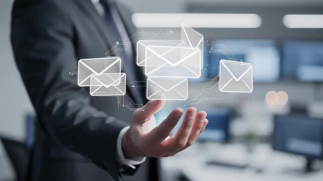 Business professional holding holographic email icons above open hand creating digital communication scene with online message network office workflow customer support and corporate technology service
