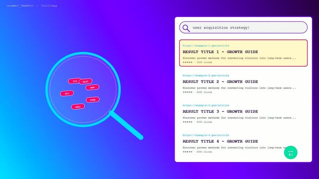A dynamic user acquisition animation demonstrating how keyword optimization effectively improves online website search rankings and daily organic web traffic over time.