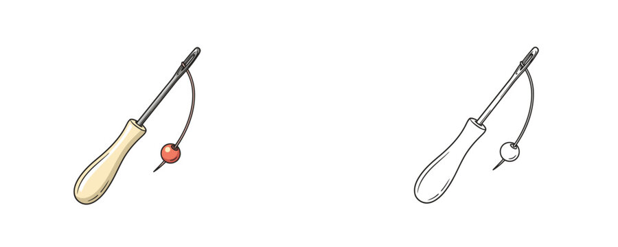 Sewing awl tool illustration in flat colored beige with red bead and black line art styles used for needlework crafts