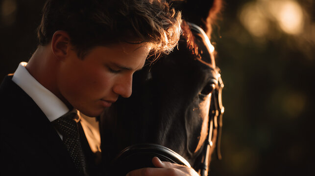A young man rests his head against a horse's cheek holding the bridle in warm golden light during a tender and quiet moment together