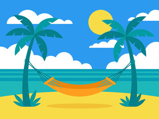 Obraz premium Tropical Beach Summer Vacation Illustration with Orange Hammock and Palm Trees for Holiday Travel Design