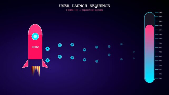 A dynamic user acquisition animation visualizes business growth as a retro rocket shoots data packets to fill a vertical neon scale indicator.