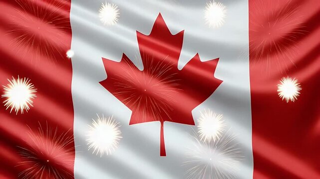 Waving red and white flag of Canada featuring a maple leaf symbol illuminated by vibrant sparkling fireworks lighting up the night sky for national celebration