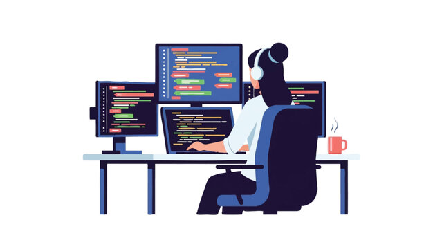 Female Software Developer Working on Multiple Monitors with Code Vector Illustration