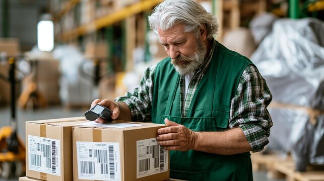 Middleaged worker focused on scanning large return labels on home goods boxes blurred warehouse background with pallet jacks and wrapped furniture under soft afternoon light.