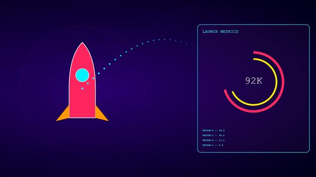 A futuristic user acquisition animation shows a sleek red rocket launching while progress indicators and metric numbers increase on a dark digital interface.