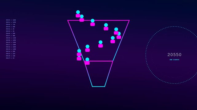 A dynamic user acquisition animation visualizing lead conversion data flow through a neon glowing sales funnel with rising digital counters on a dark background