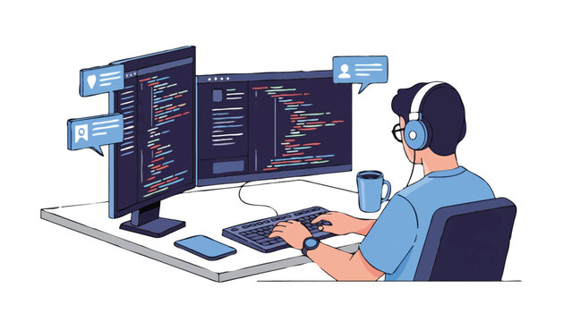 Male Software Developer Working on Dual Monitors at Desk, Flat Vector Illustration of Programmer Coding Web Application