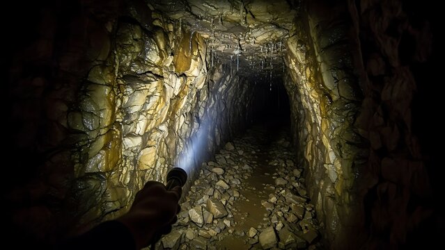 Ancient stone cave chamber with stalactites and stalagmites.
