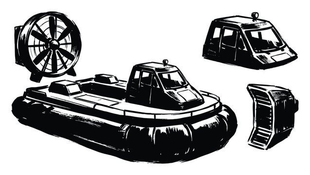 Set of hovercraft vehicle with propeller isolated on transparency