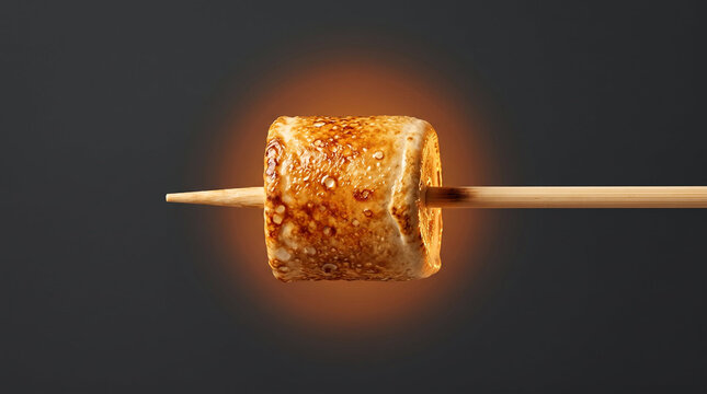 Caramelized toasted marshmallow on wooden skewer in golden brown, glowing orange and dark charcoal hues representing campfire treat, sweet dessert and outdoor snack with copy space