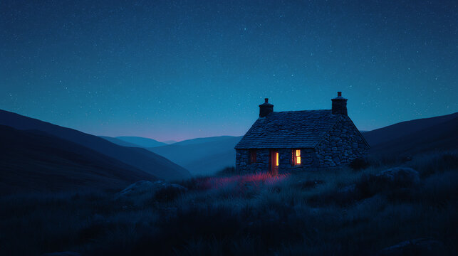 Remote stone bothy with a warmly glowing window beneath a starry sky over the dark rolling hills of the Scottish highlands at night