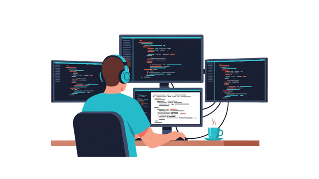 Software Developer Working at a Workstation with Multiple Monitors and Headphones Flat Illustration