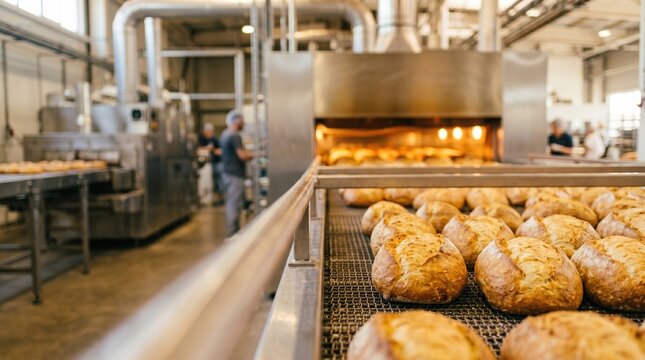 Breads are arranged on cooling racks in a bakery. Workers are busy in the background. The setting is bright with machines and baking ovens present