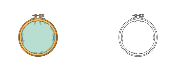 Embroidery hoop frame illustration in flat colored brown and mint green with black line art styles used for needlework sewing © Dzianis