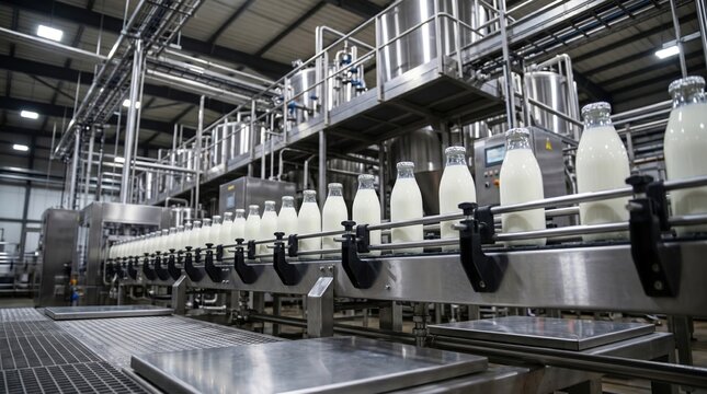 A production line shows milk bottles being filled and moved in a dairy factory. Workers are busy overseeing the process in the background. The setting is well-lit and organized