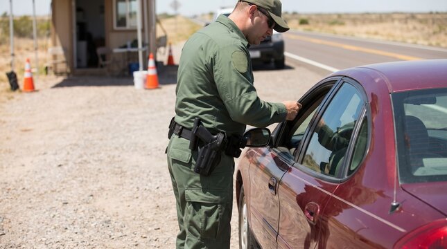 A border patrol agent stands by a car at a checkpoint on a highway in a desert region. The sun is out, and the area is dry with a few cones placed around