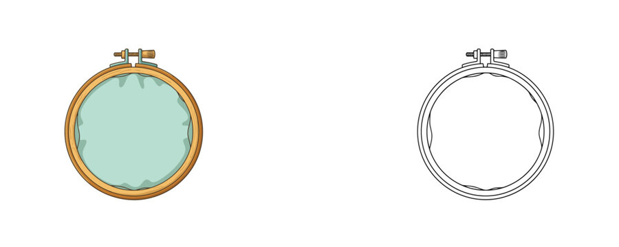 Embroidery hoop frame illustration in flat colored brown and mint green with black line art styles used for needlework sewing