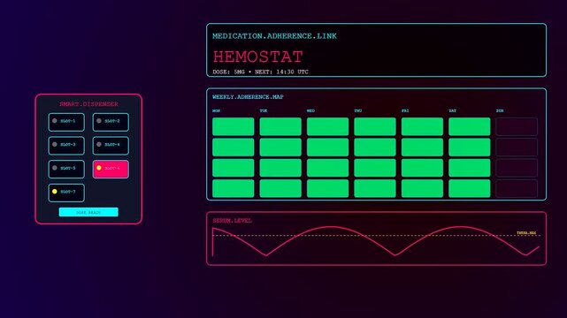 A digital remote health monitoring interface displaying medical medication scheduling data patterns with glowing interface elements and biometric wave graphs visible on a dark navy display screen