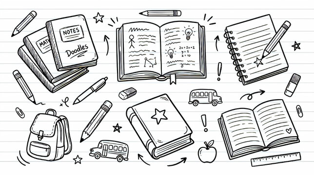 Hand-drawn school supplies and notebooks doodle set
