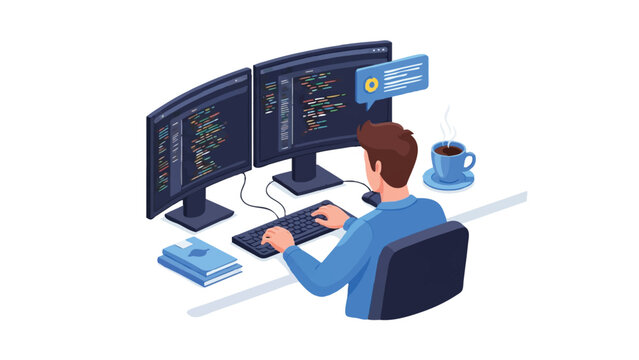 Isometric Software Developer Programmer Coding at Desk with Dual Monitors Illustration