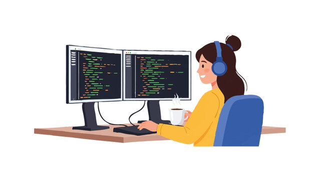 Young Female Software Developer Working on Coding Project with Dual Monitors, Headphones, and Coffee. Flat Vector Illustration of a Programmer at a Desk.