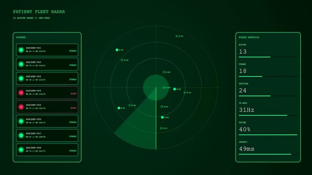 A digital screen interface for remote health monitoring shows medical data grids and radar displays with shifting green glowing elements that track patient vitals throughout time