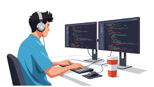 Young Software Developer Coding at Desk with Dual Monitor Setup and Headphones Illustration