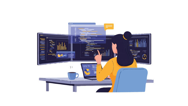 Female Software Developer and Data Analyst Working with Multiple Screens Flat Vector Illustration