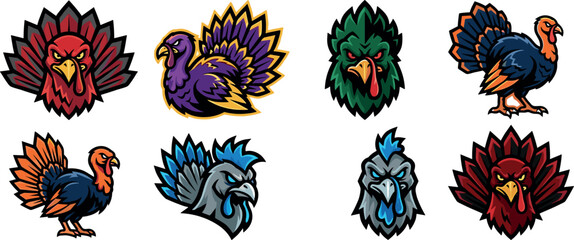 Angry Turkey Mascot Logo Set with Aggressive Bird Character Emblems for Esport Teams, Gaming Community Badges, Sports Merch, and Thanksgiving Identity Graphics © DarparajDab