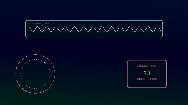 Digital displays showing remote health monitoring data with rhythmic medical lines tracking heart beats alongside numeric pulse metrics on a dark glowing interface monitor screen